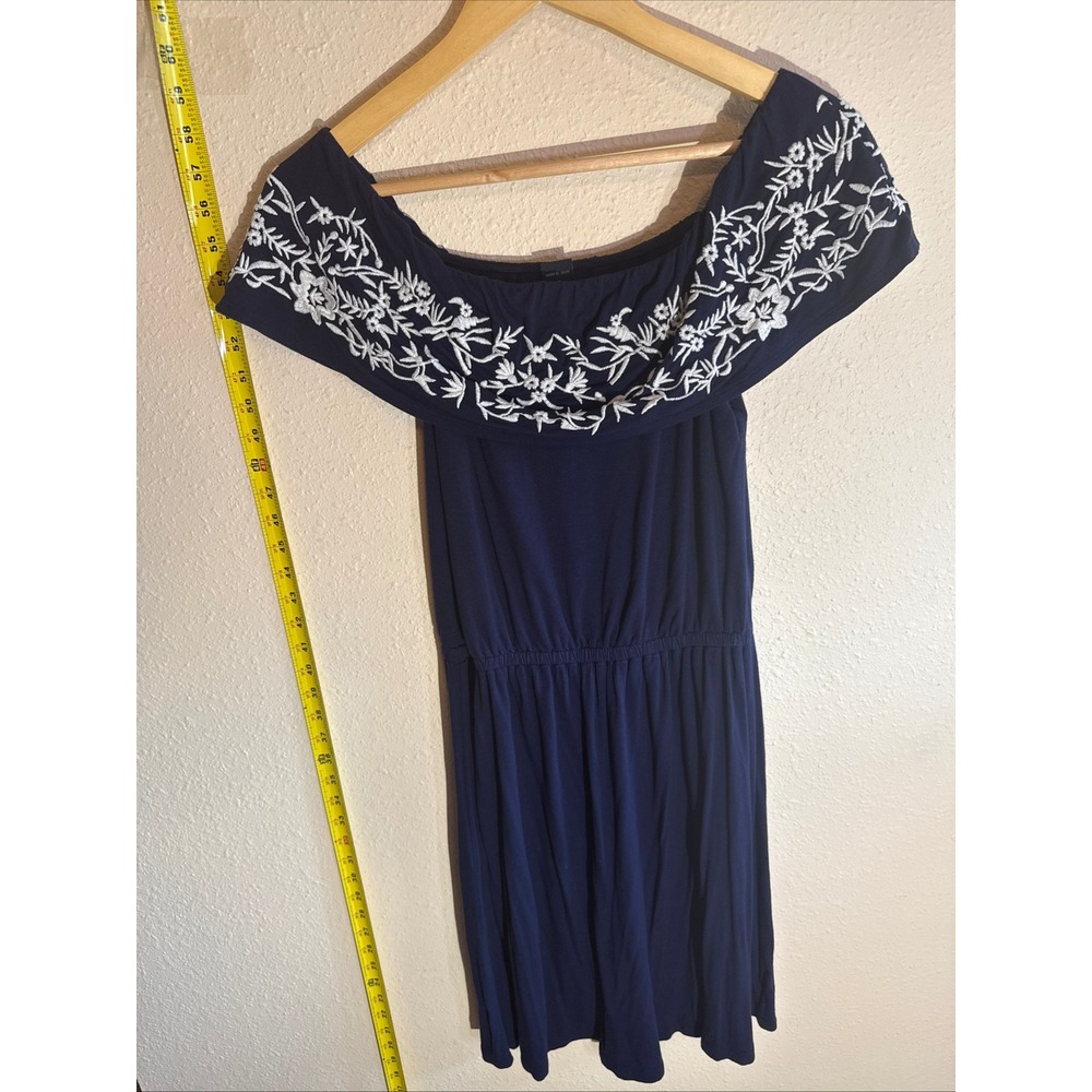 Lucky Brand Small Navy Blue Boho Embroidered Off Shoulder Coquette Mini Dress - Picture 5 of 6